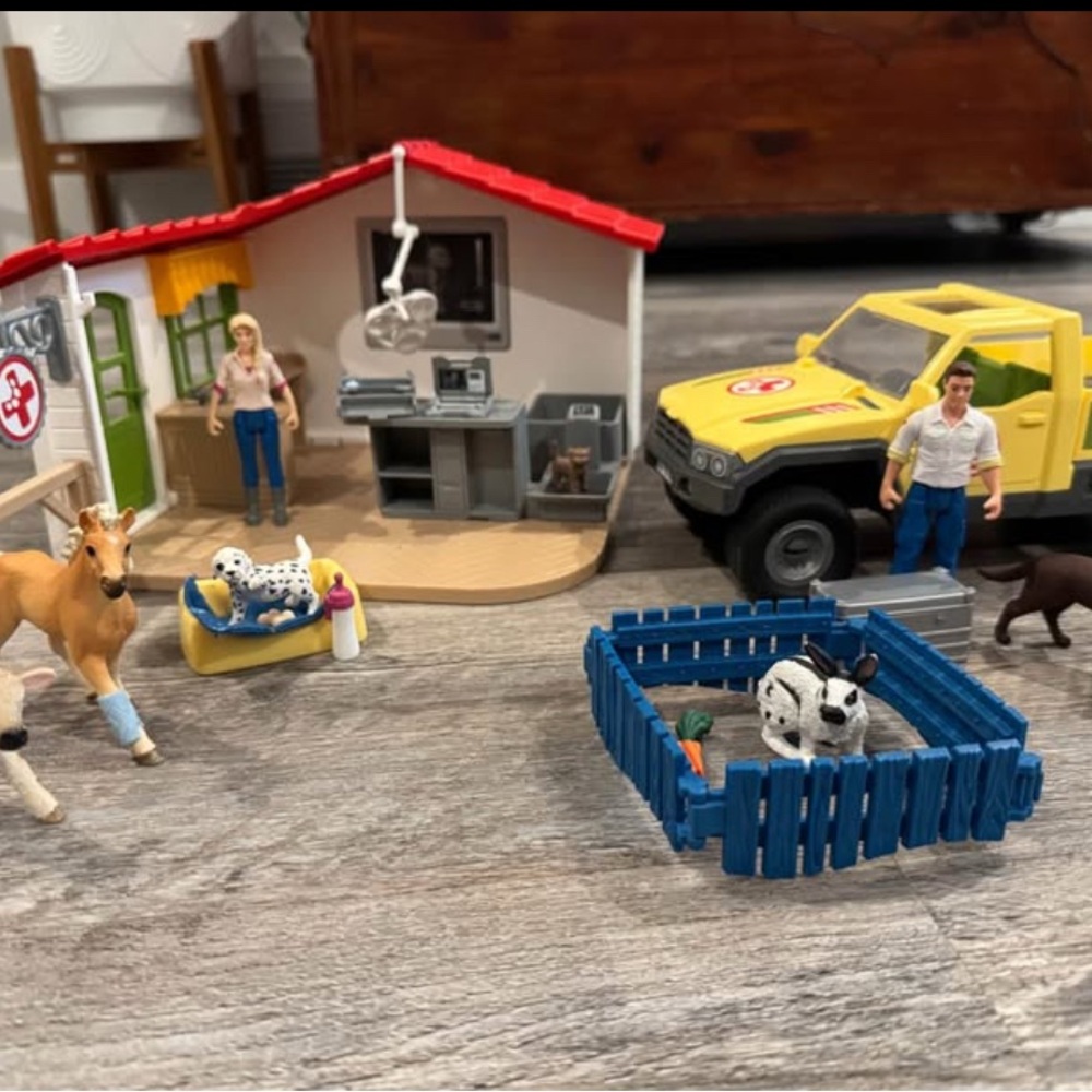 Schleich Farm Animal Playset with Yellow Truck and Blue Fence